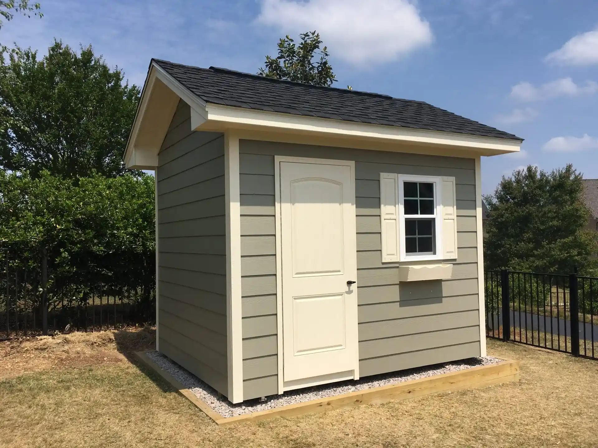 gray heritage with off-white trim, window box and shutters